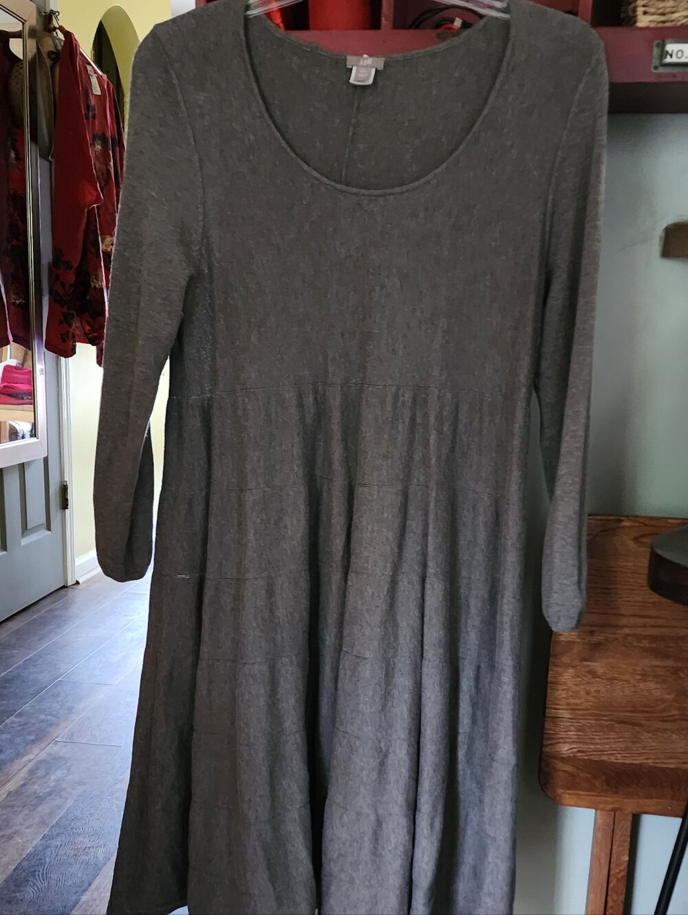 J. Jill‎ Gray Silk Cotton Blend Long Sleeve Scoop-Neck Tiered Midi Dress